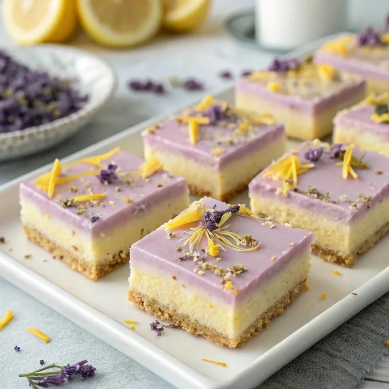 Delicious Lavender Lemon Cream Bars on a plate with lemon slices and lavender flowers