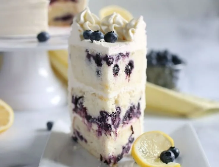 Slice of Lemon Blueberry Cake with fresh blueberries and lemon zest