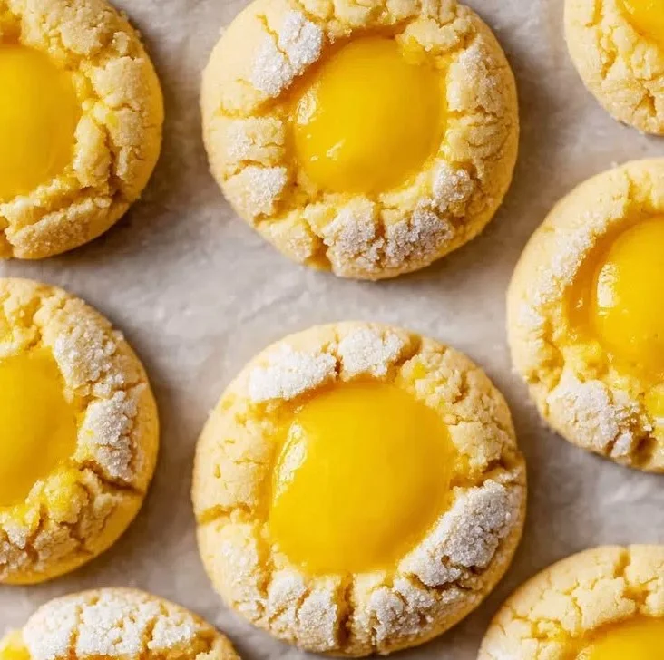 Freshly baked lemon curd cookies on a cooling rack.