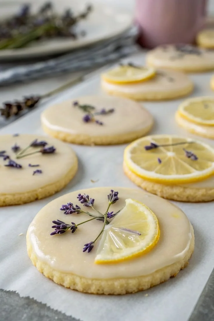 Baked Lemon Lavender Cookies on a plate with fresh lemons and lavender sprigs.