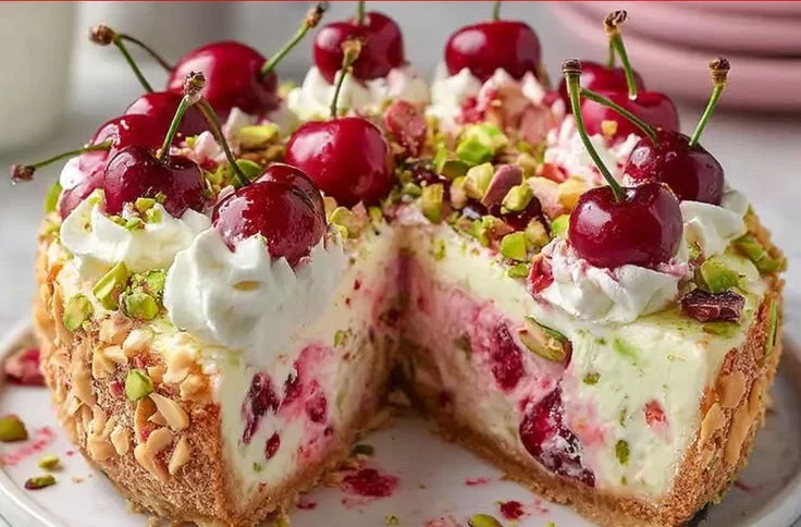Lemon Lime Cherry Pistachio Cheesecake slice on a plate with vibrant colors