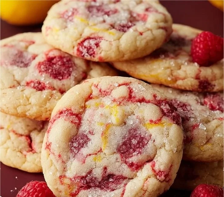 Freshly baked lemon raspberry cookies on a plate, ready to enjoy.