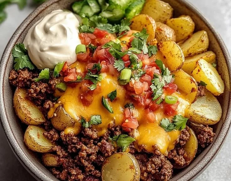 Loaded Fiesta Potato Bowls with Tex-Mex toppings and garnishes.