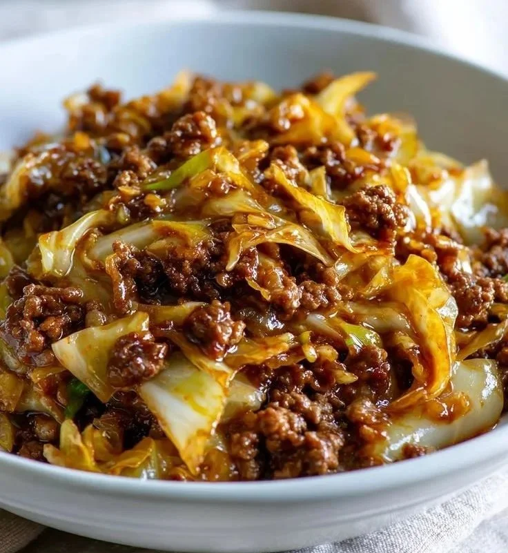 Low Carb Mongolian Ground Beef Cabbage in a bowl garnished with green onions