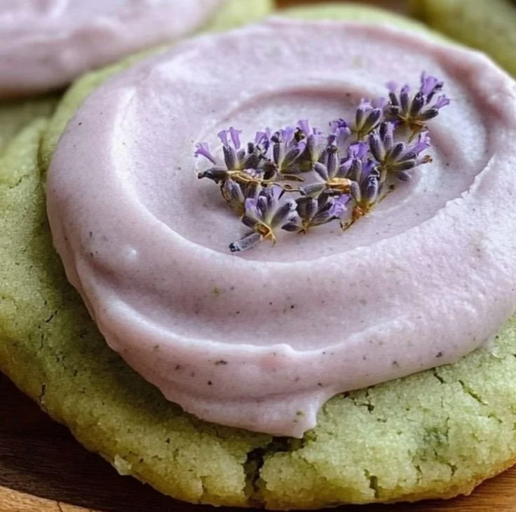 Matcha sugar cookies topped with lavender frosting on a decorative plate.