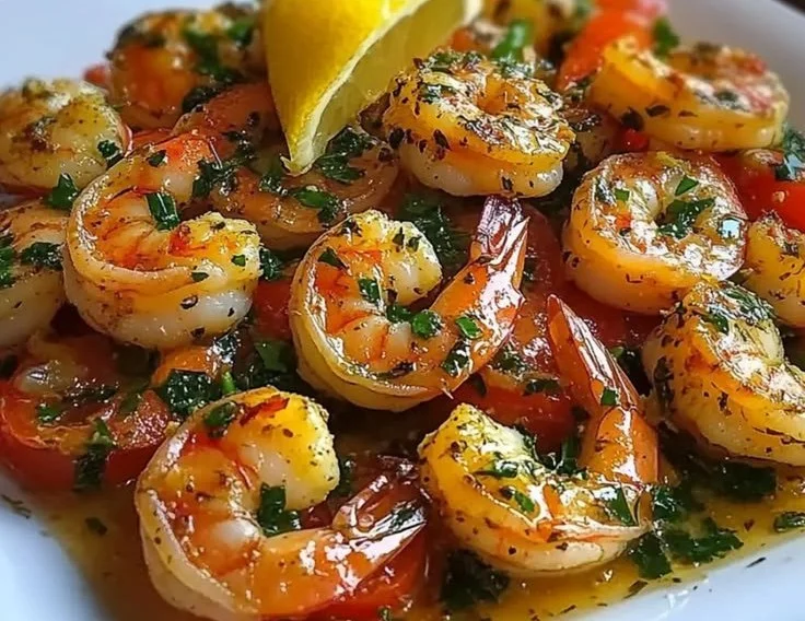 Mediterranean shrimp skillet with vibrant vegetables in a pan