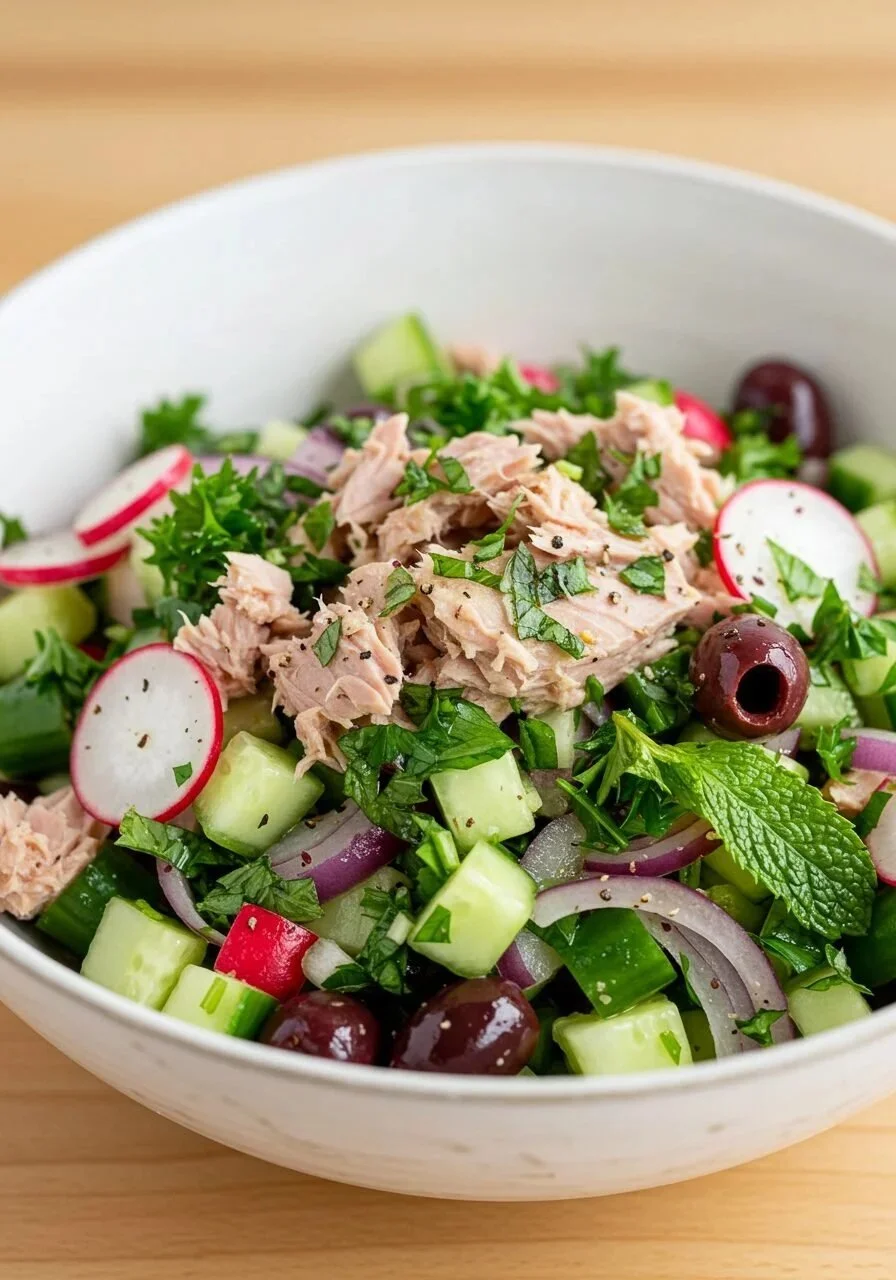 Mediterranean Tuna Salad with olives, tomatoes, and herbs in a bowl