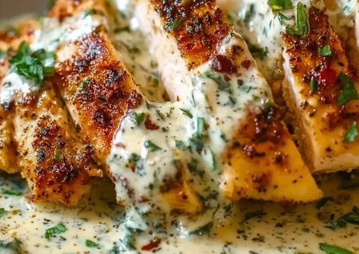 Creamy Caesar chicken dish garnished with lettuce and croutons for a flavorful meal