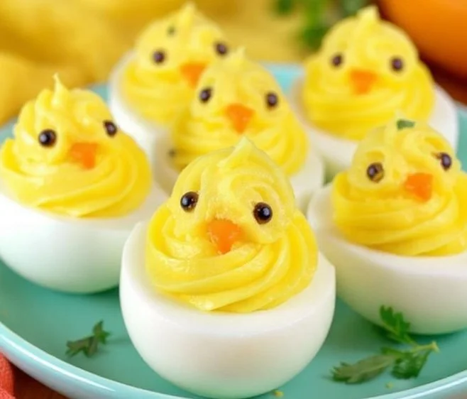 Plate of Million Dollar Deviled Eggs Chicks garnished for a festive look