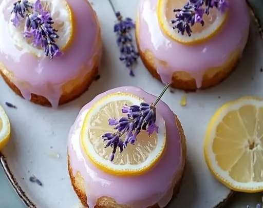 Mini lemon cakes topped with lavender glaze on a wooden table.