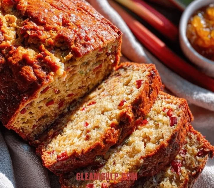 Moist rhubarb bread made with oil and applesauce, baked to perfection.