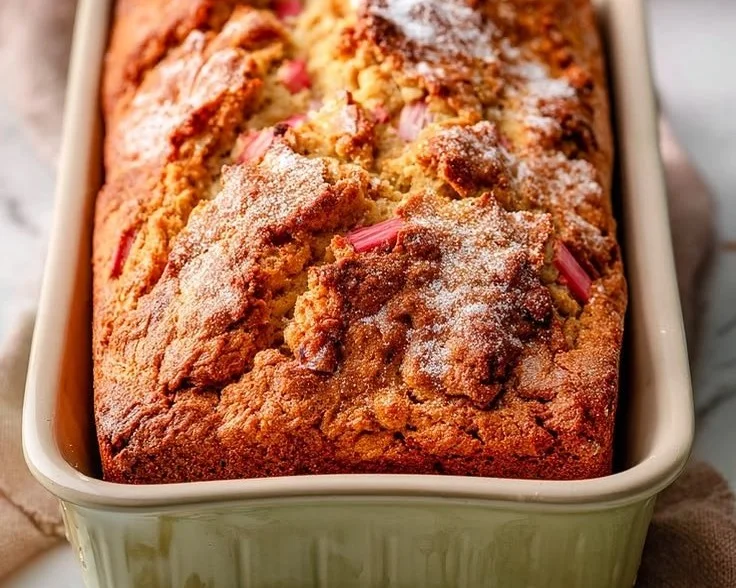 Moist rhubarb bread with sour cream sliced on a wooden board.