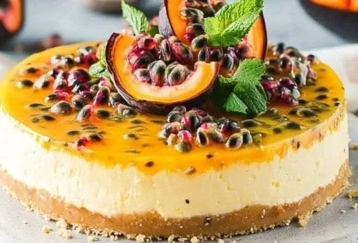 Delicious passion fruit cheesecake topped with fresh fruit and cream.