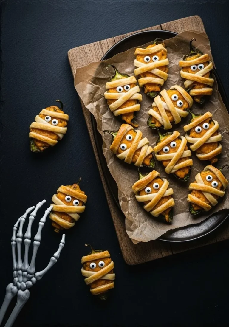 Mummy Jalapeño Poppers wrapped in dough for a festive Halloween snack
