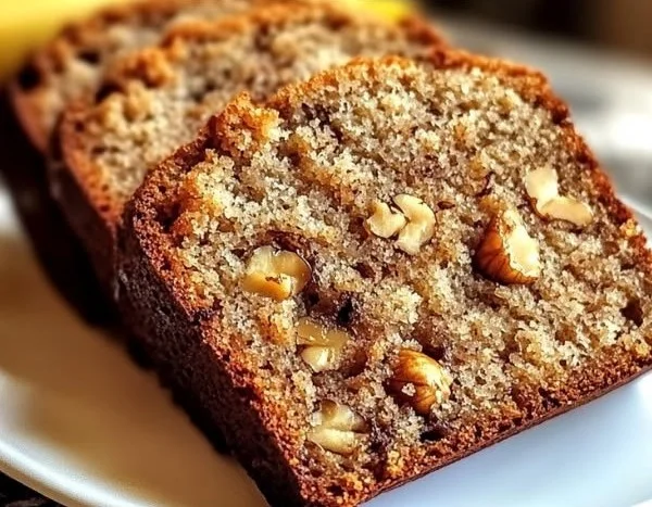 Homemade banana nut bread baked to perfection, warm and inviting.