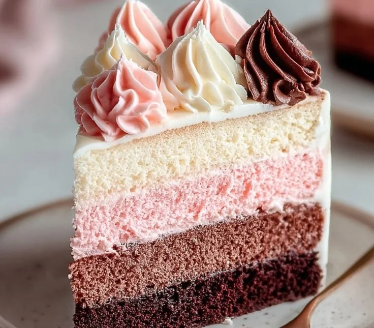 Delicious Neapolitan Cake with layers of chocolate, vanilla, and strawberry flavors.