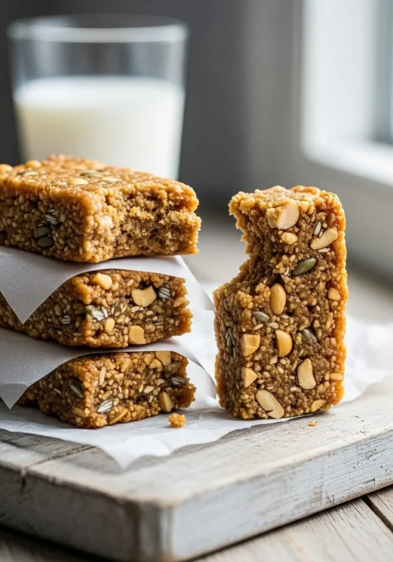 No-bake apple peanut butter granola bars on a wooden table