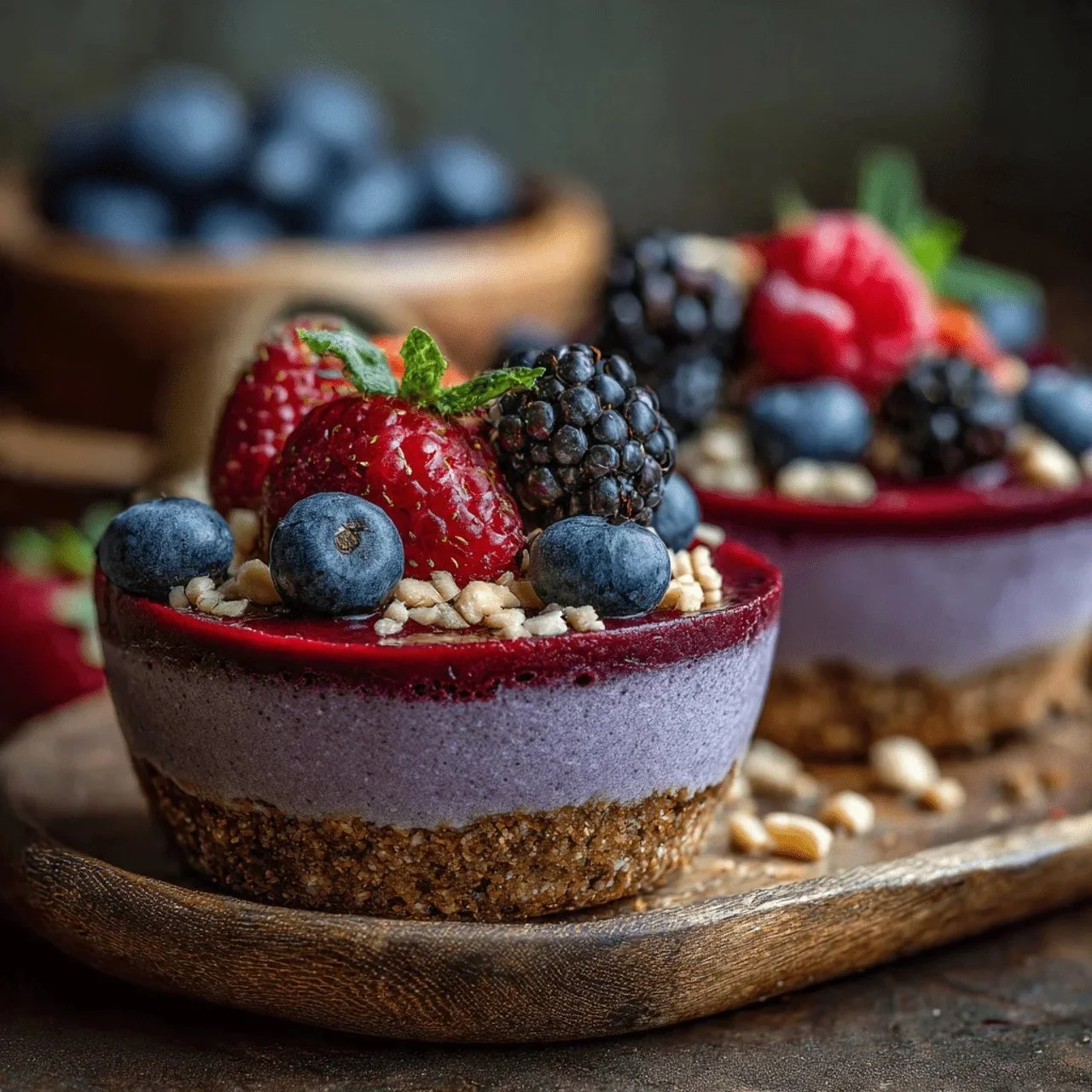 No-Bake Berry Cheesecake Bowls with fresh berries and creamy filling