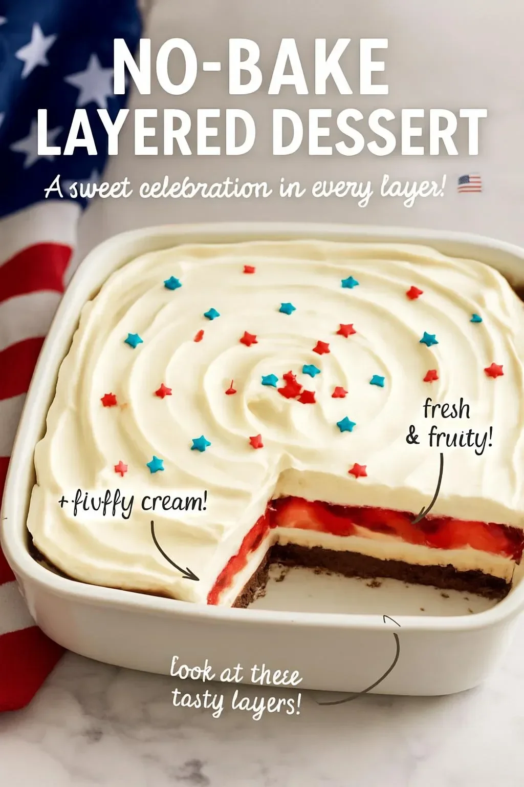 No-bake layered dessert with colorful layers and whipped cream topping