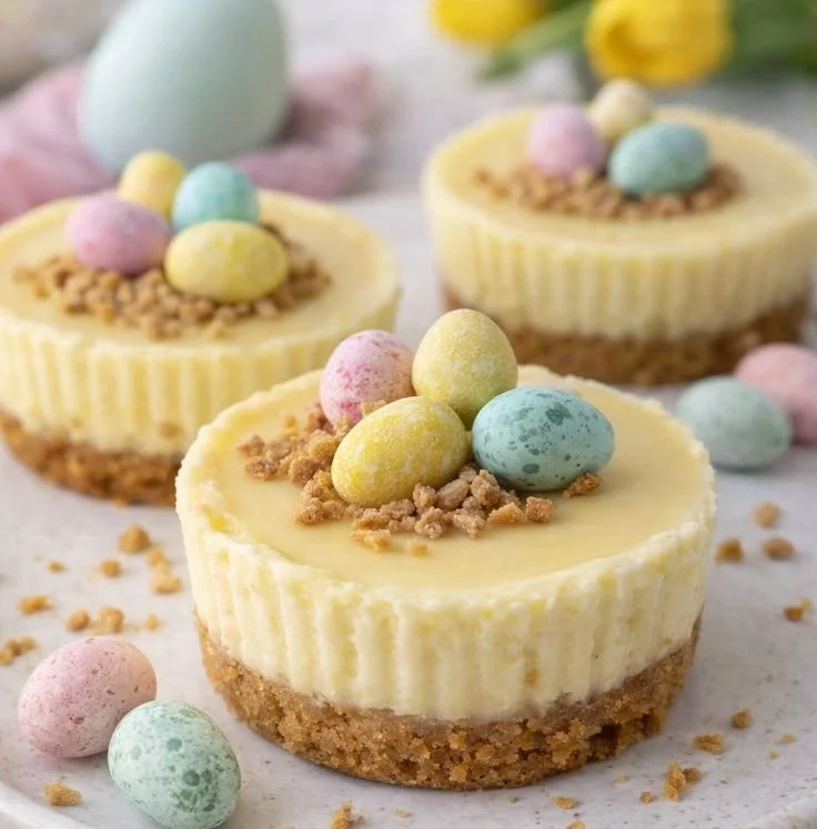 Delicious no-bake mini egg cheesecake topped with chocolate mini eggs.