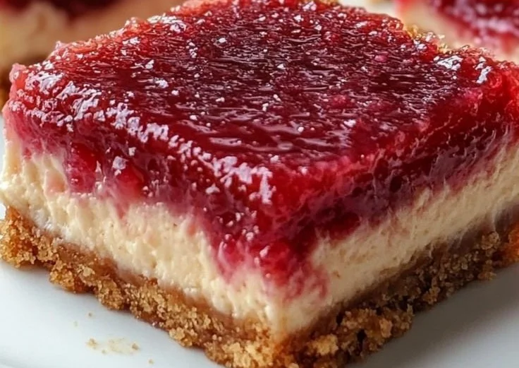 No Bake Rhubarb Cheesecake Squares topped with fresh rhubarb and whipped cream