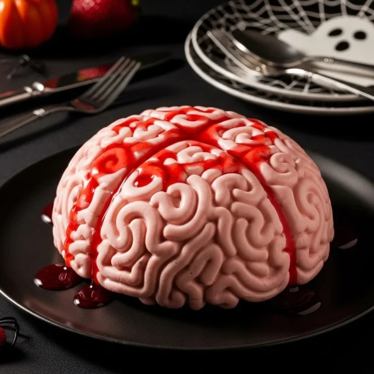 No-bake strawberry cheesecake brain dessert on a plate