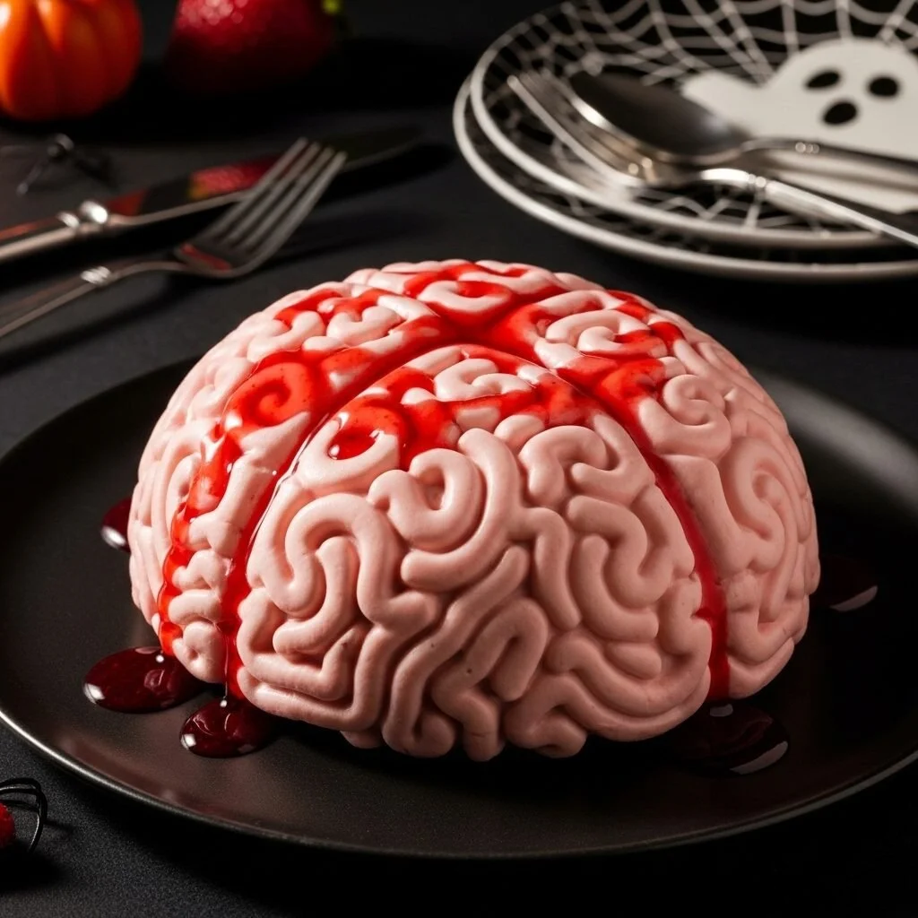 No-bake strawberry cheesecake brain dessert on a plate
