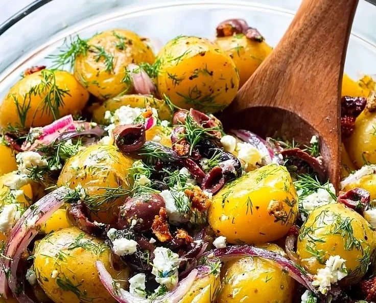 Delicious Olive Greek Potato Salad with vibrant vegetables and olives