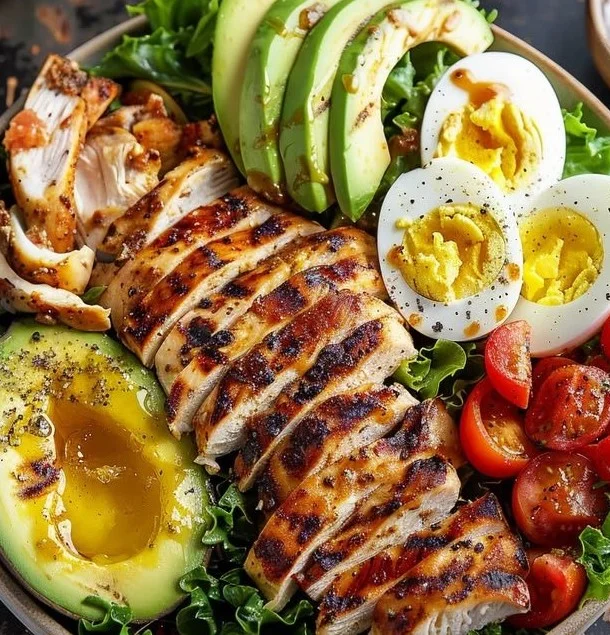 Paleo Grilled Chicken Cobb Salad with fresh vegetables and toppings