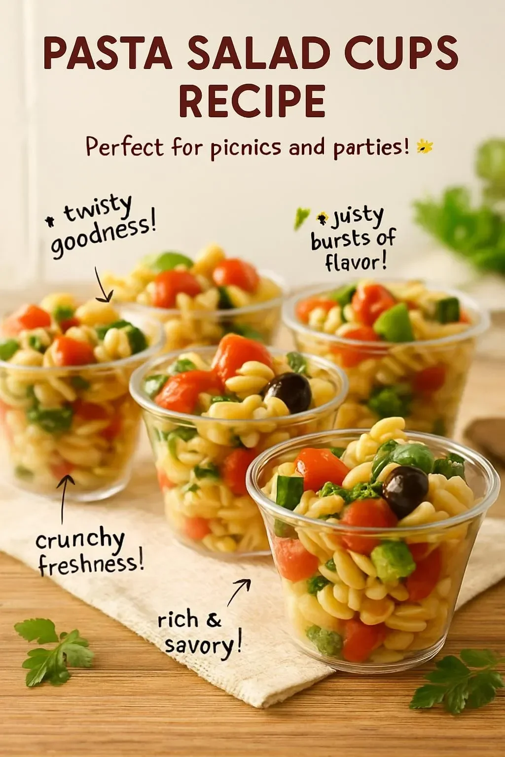Colorful pasta salad cups filled with fresh ingredients and served in a cup.