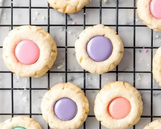 Delicious pastel white chocolate cookies on a plate