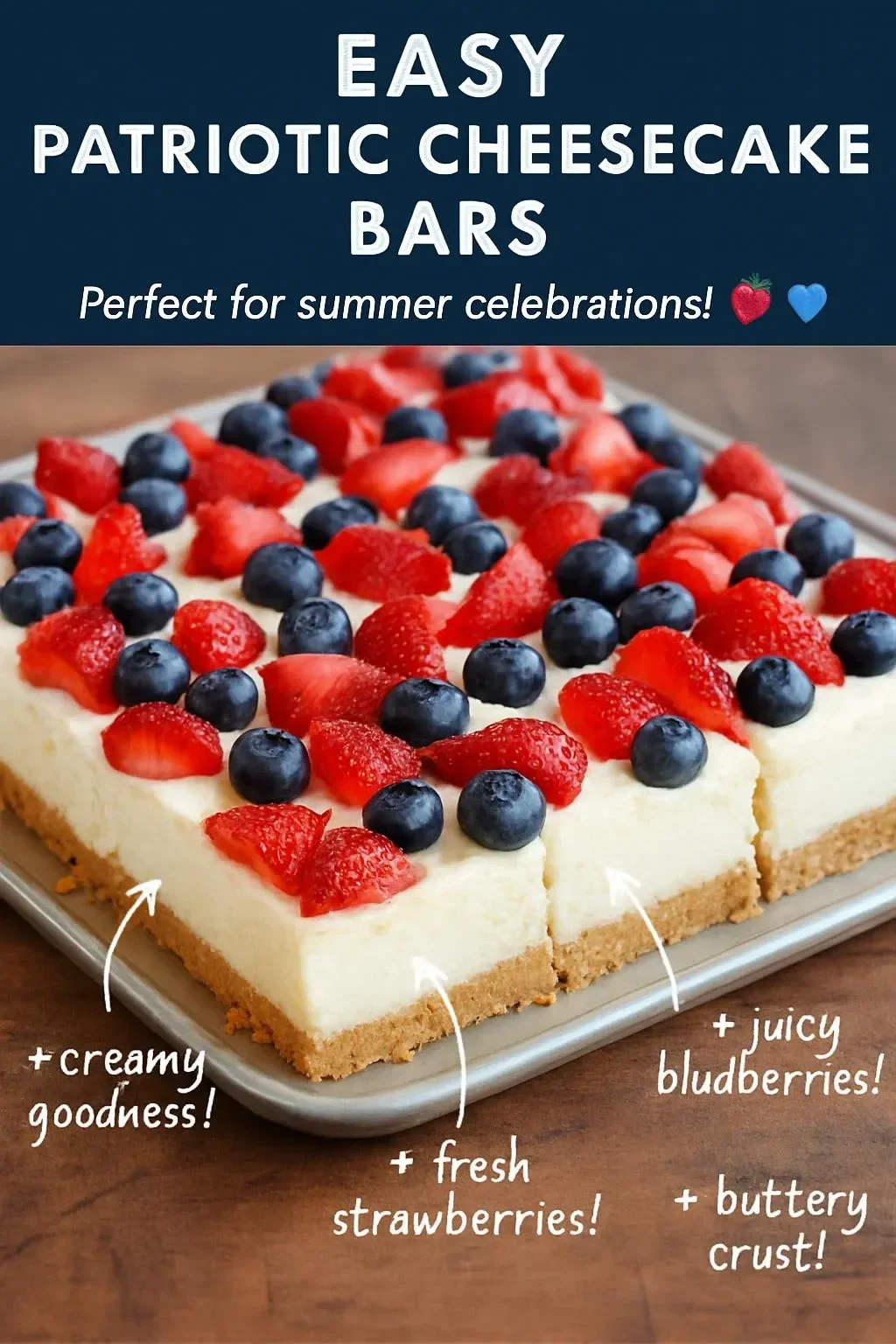 Delicious patriotic cheesecake bars topped with red, white, and blue decorations.