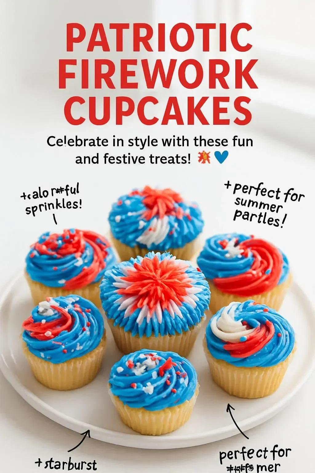 Patriotic firework cupcakes with red, white, and blue frosting