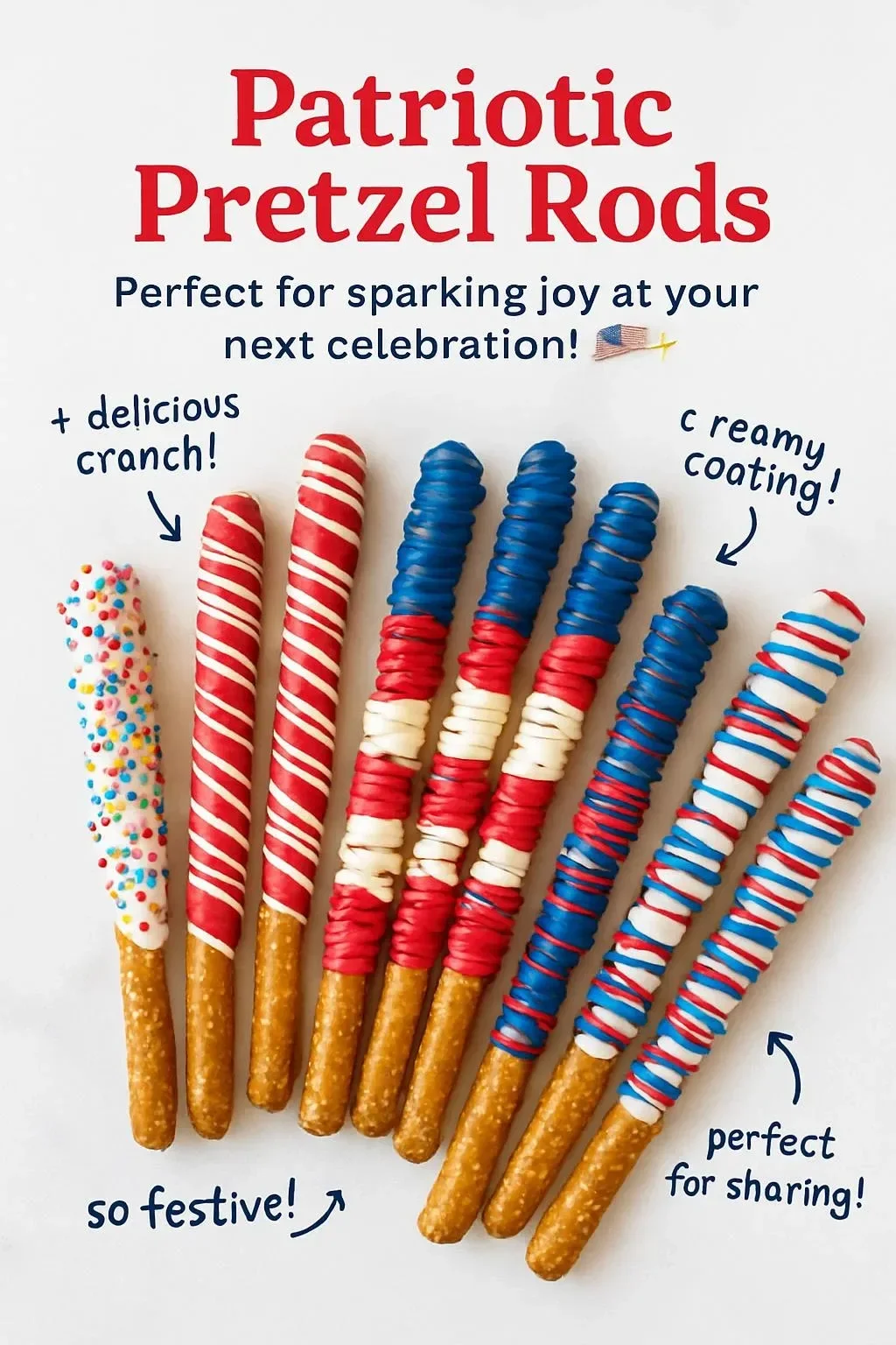 Plate of colorful Patriotic Pretzel Rods with red, white, and blue toppings.