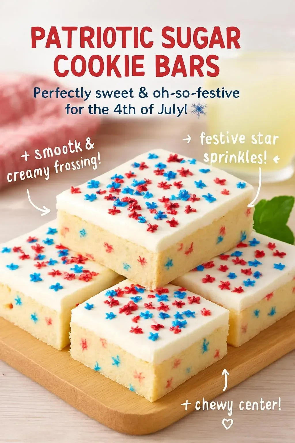 Delicious patriotic sugar cookie bars for 4th of July celebrations.