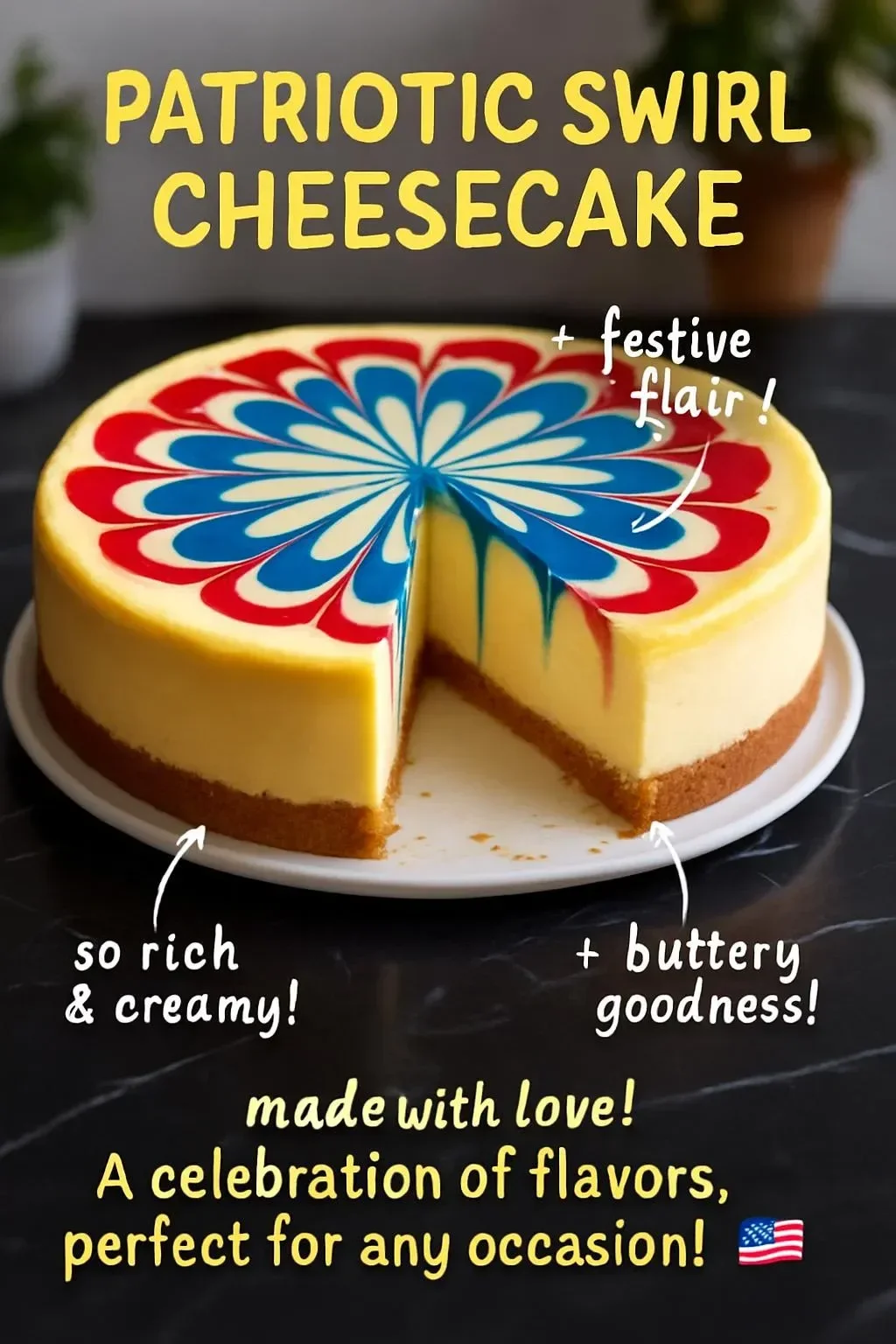 Delicious Patriotic Swirl Cheesecake with red, white, and blue layers