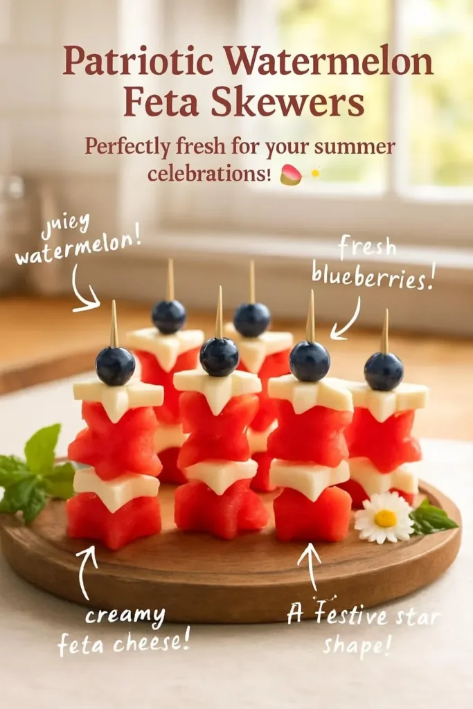 Red, white, and blue patriotic watermelon feta skewers on a platter.