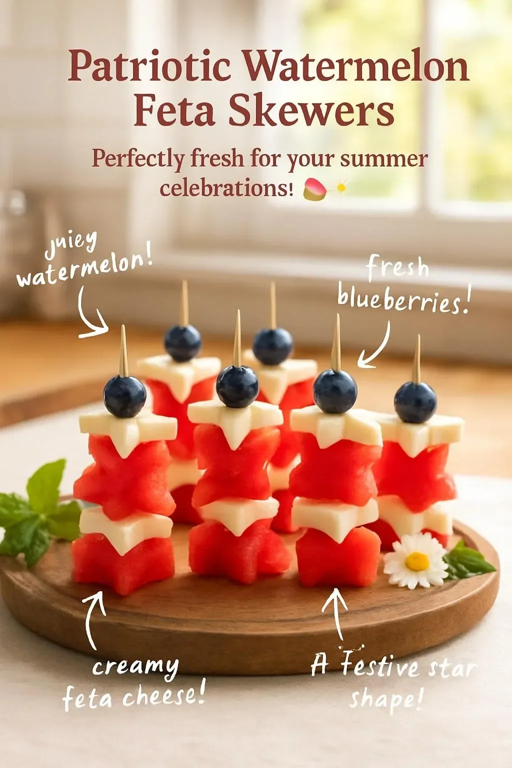 Red, white, and blue patriotic watermelon feta skewers on a platter.