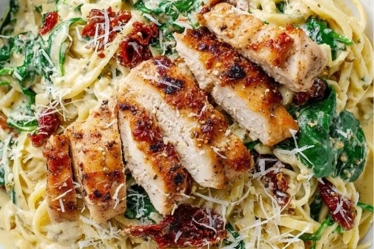 A delicious bowl of pesto pasta with chicken garnished with fresh basil.