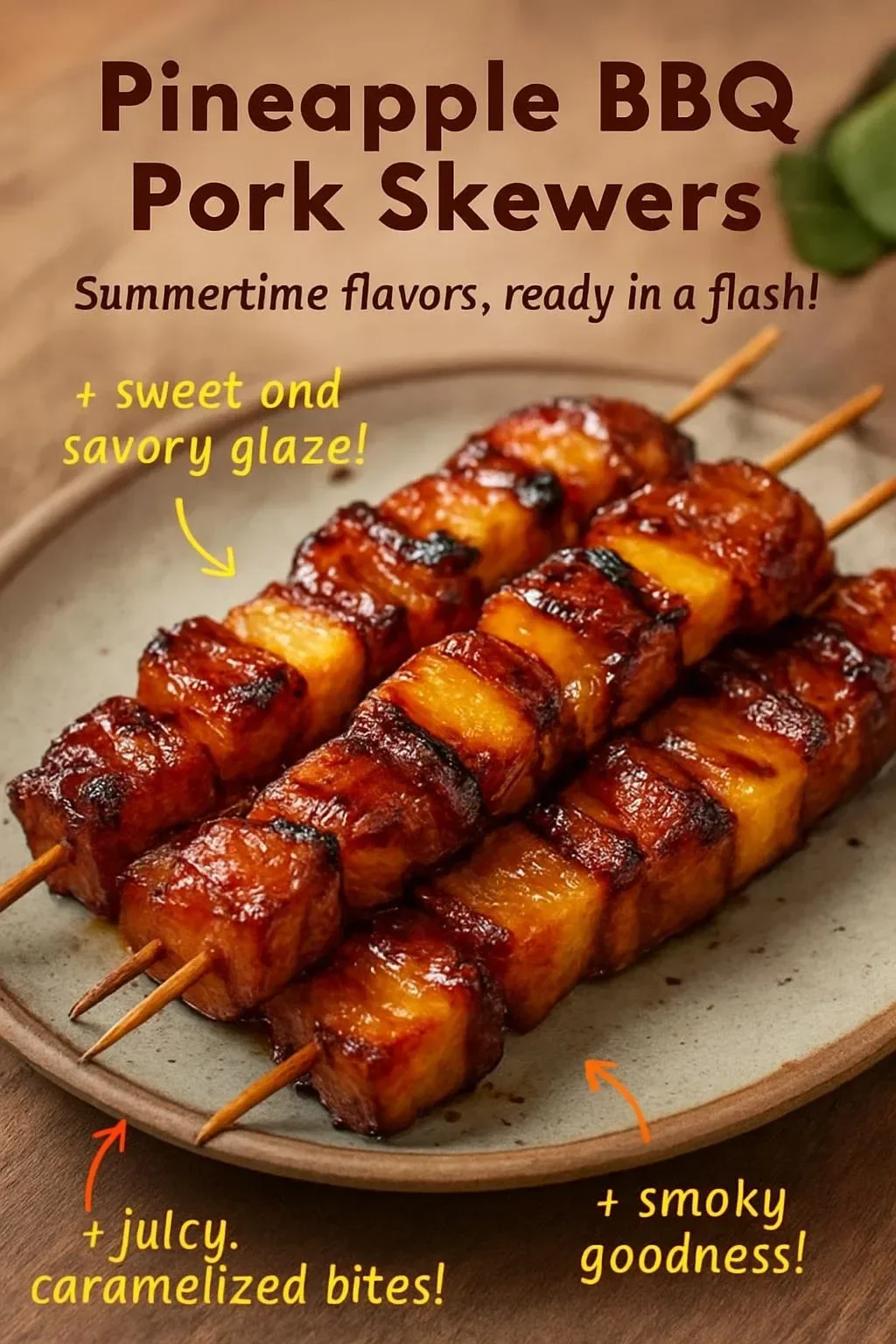 Grilled pineapple BBQ pork skewers on a barbecue grill, ready to serve.