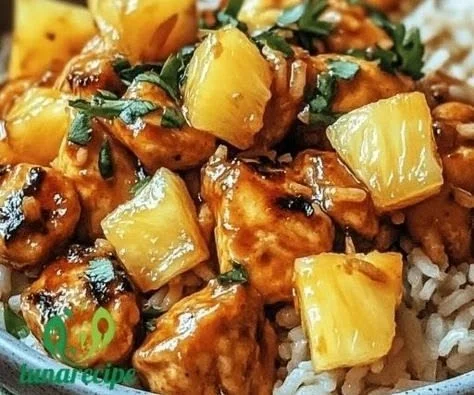 Delicious Pineapple Chicken served over fluffy rice, showcasing a sweet and savory dish.