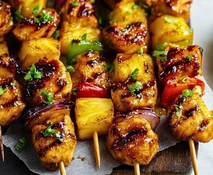 Pineapple Chicken Kabobs grilled on skewers with vibrant vegetables