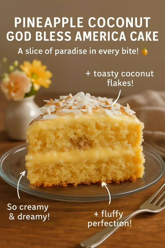 Pineapple Coconut God Bless America Cake topped with fresh pineapple and coconut flakes