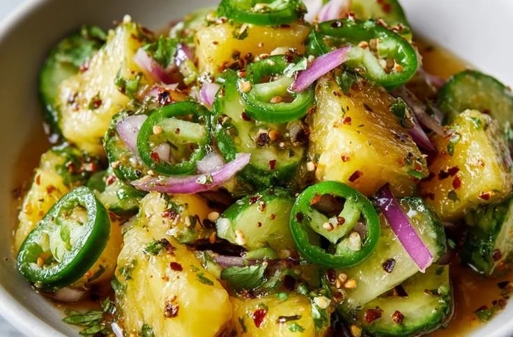 Pineapple Cucumber Salad with fresh ingredients served in a bowl