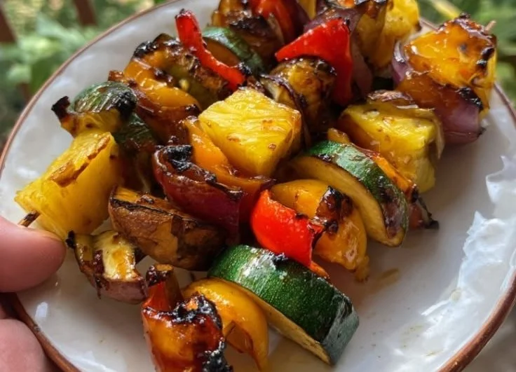 Colorful pineapple vegetable skewers with peppers and zucchini on a grill plate.