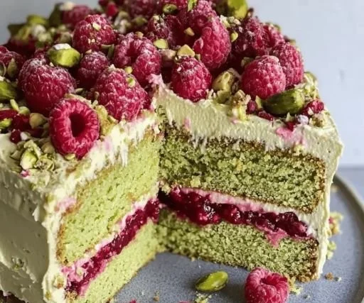 Delicious pistachio raspberry cake with vibrant colors and flavors