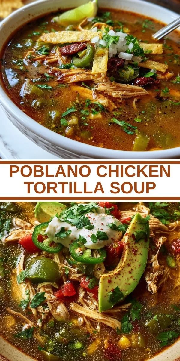 Bowl of Poblano Chicken Tortilla Soup garnished with tortilla strips and herbs.