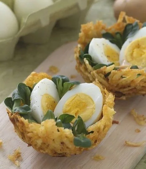 Delicious homemade Potato Nests filled with eggs for breakfast