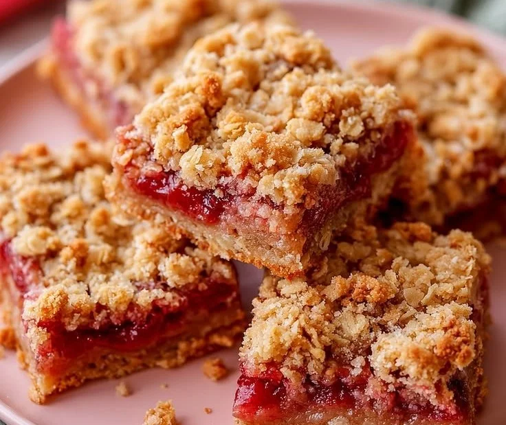 Quick Amish oatmeal rhubarb bars with crumbly topping, a delicious dessert.