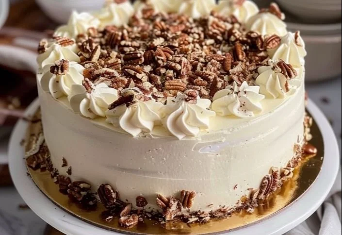 Quick Italian Cream Cake topped with cream and nuts, ready to serve.
